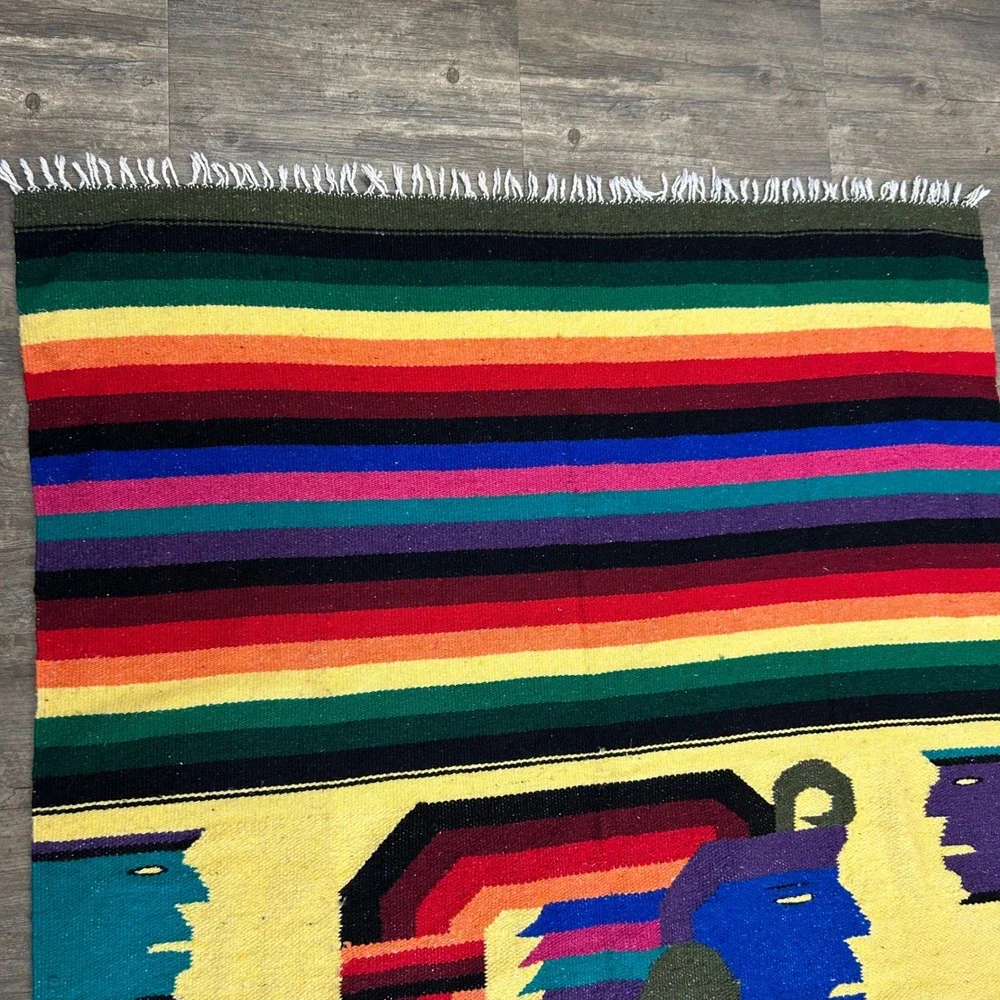 Vintage Mayan Inca‎ Aztec Warrior Blanket Fringe Bright Color Striped Native
